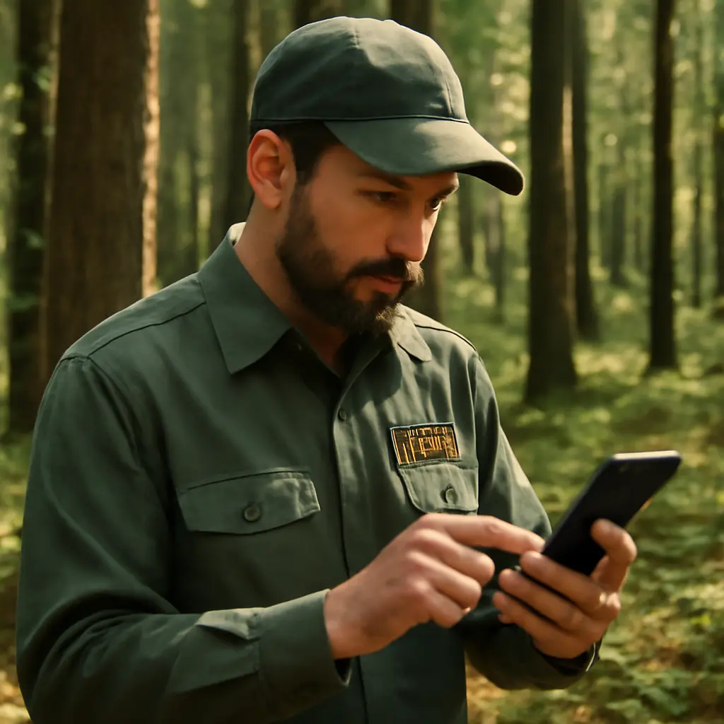 Lesník zadává data do mobilní aplikace v terénu