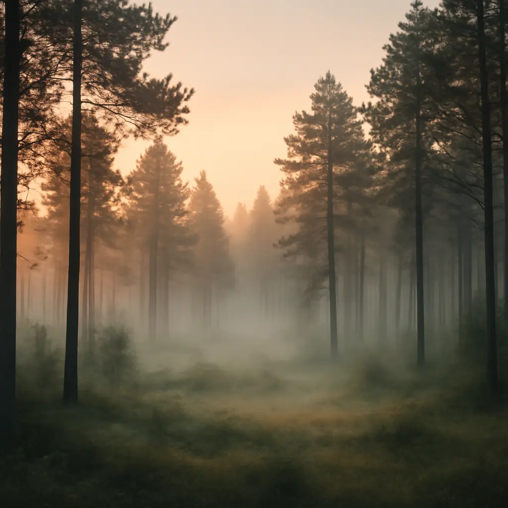 Panoráma lesa s ranním mlžením a stromy