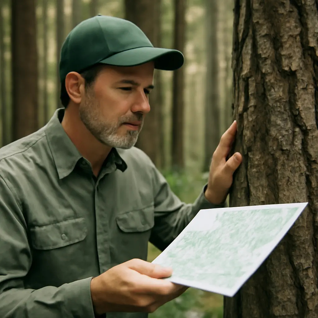 Lesník držící mapu a kontrolující porost