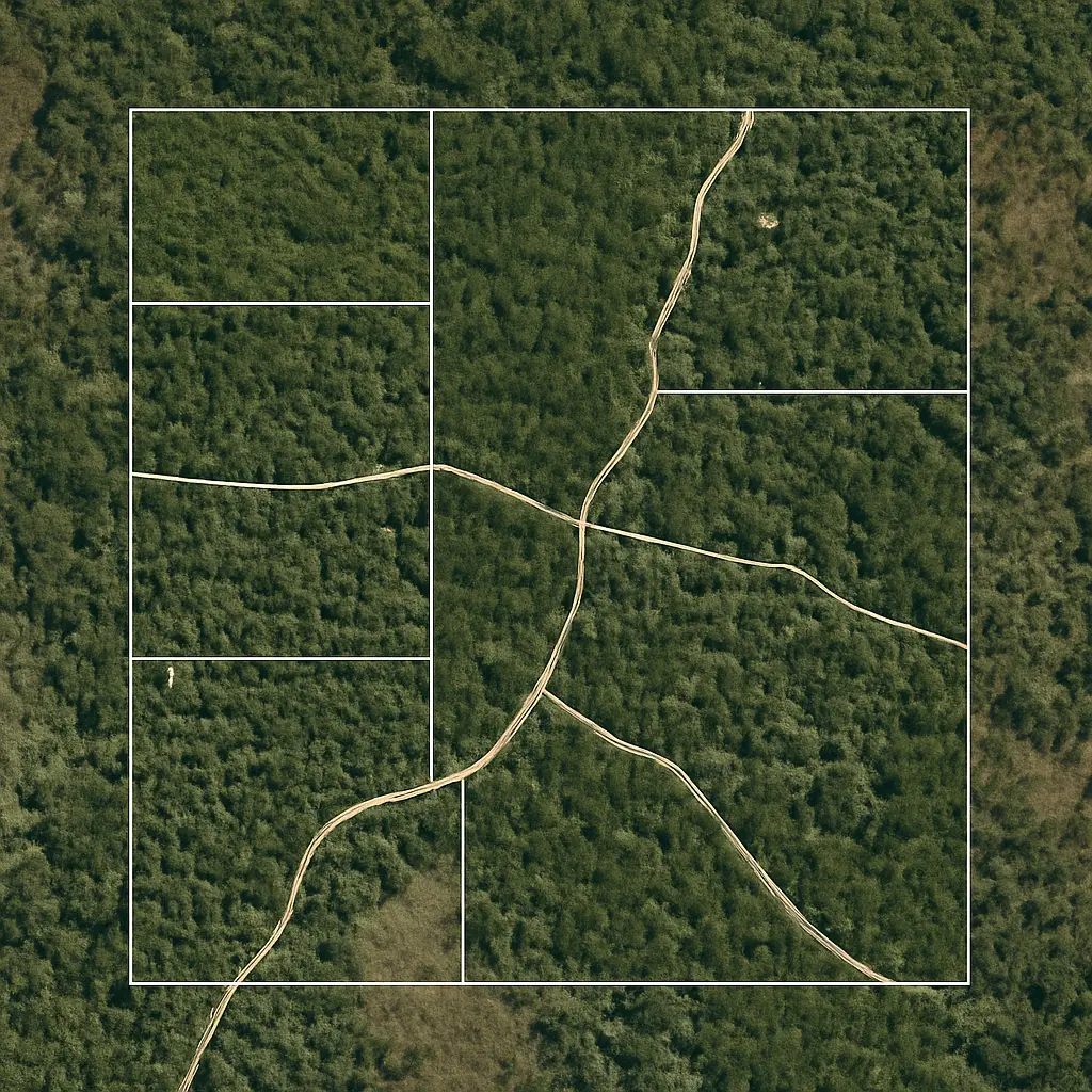 Mapa lesní společnosti s vyznačenými parcelami a trasami