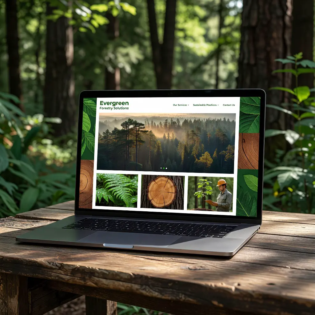 Moderní web lesní společnosti na notebooku Moderní webová prezentace lesní společnosti zobrazená na notebooku v lesním prostředí s profesionálním designem