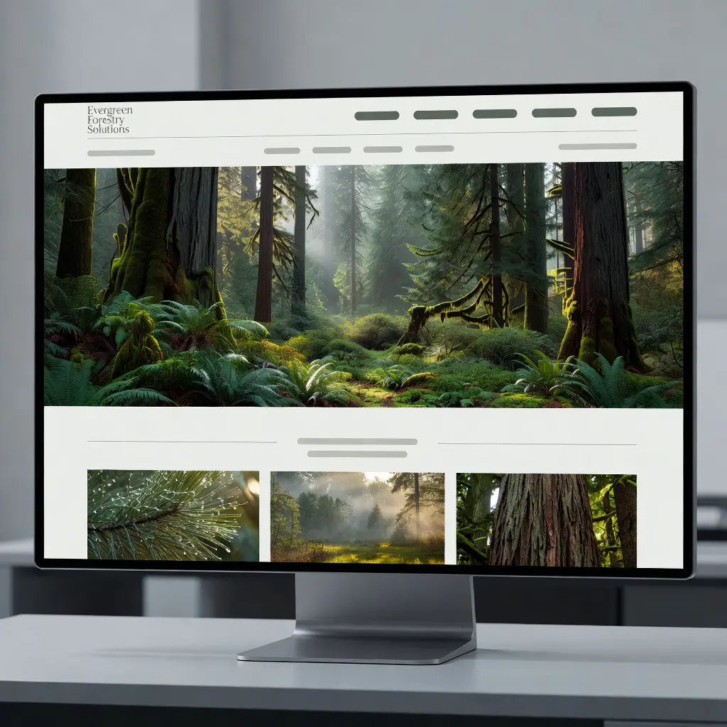 Profesionální web lesní společnosti moderní design Moderní webová stránka lesní společnosti zobrazující fotografie lesa, stromy a čistý profesionální layout na monitoru počítače
