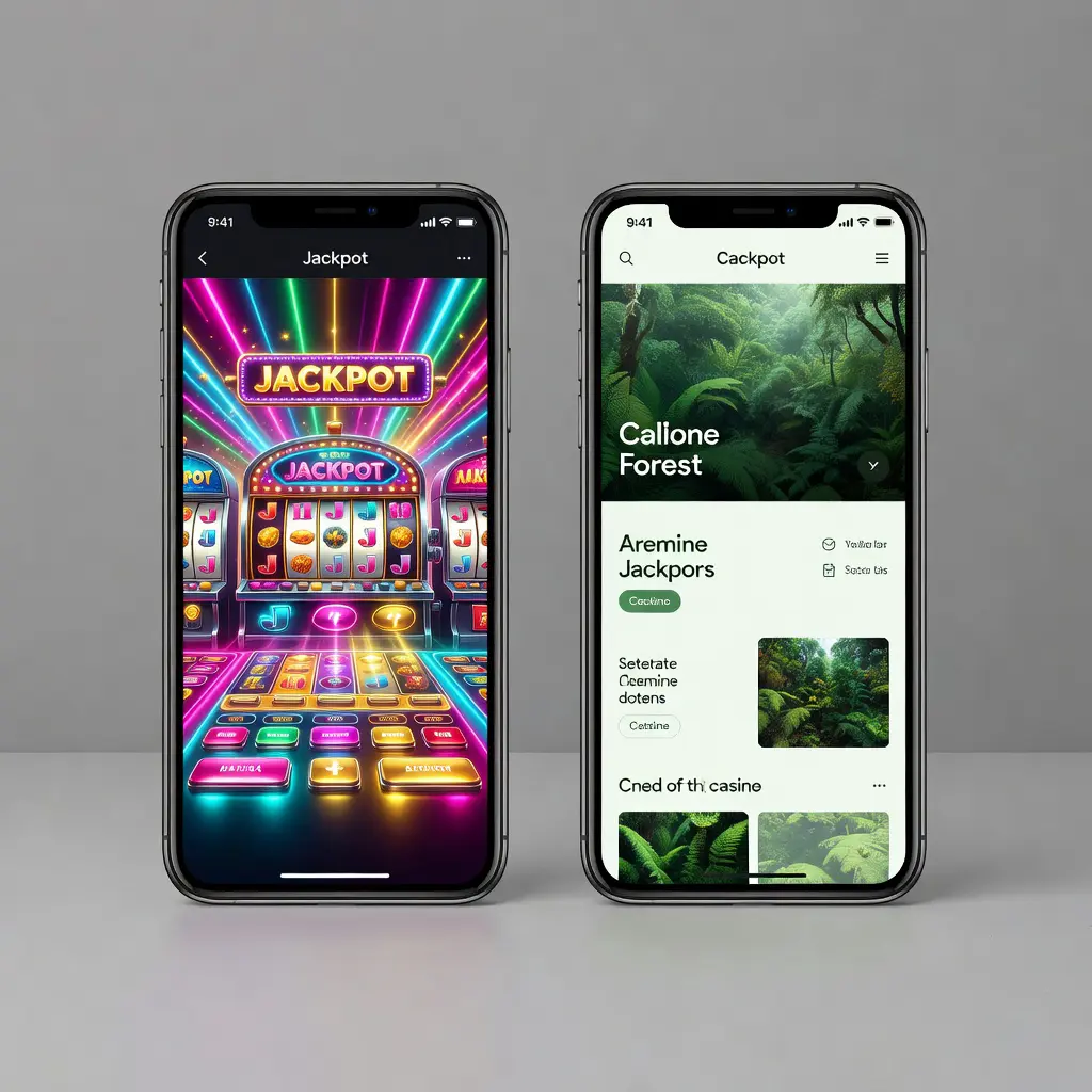 Dva smartphony vedle sebe – jeden zobrazuje barevné rozhraní online kasina s animacemi, druhý minimalistický web lesní společnosti